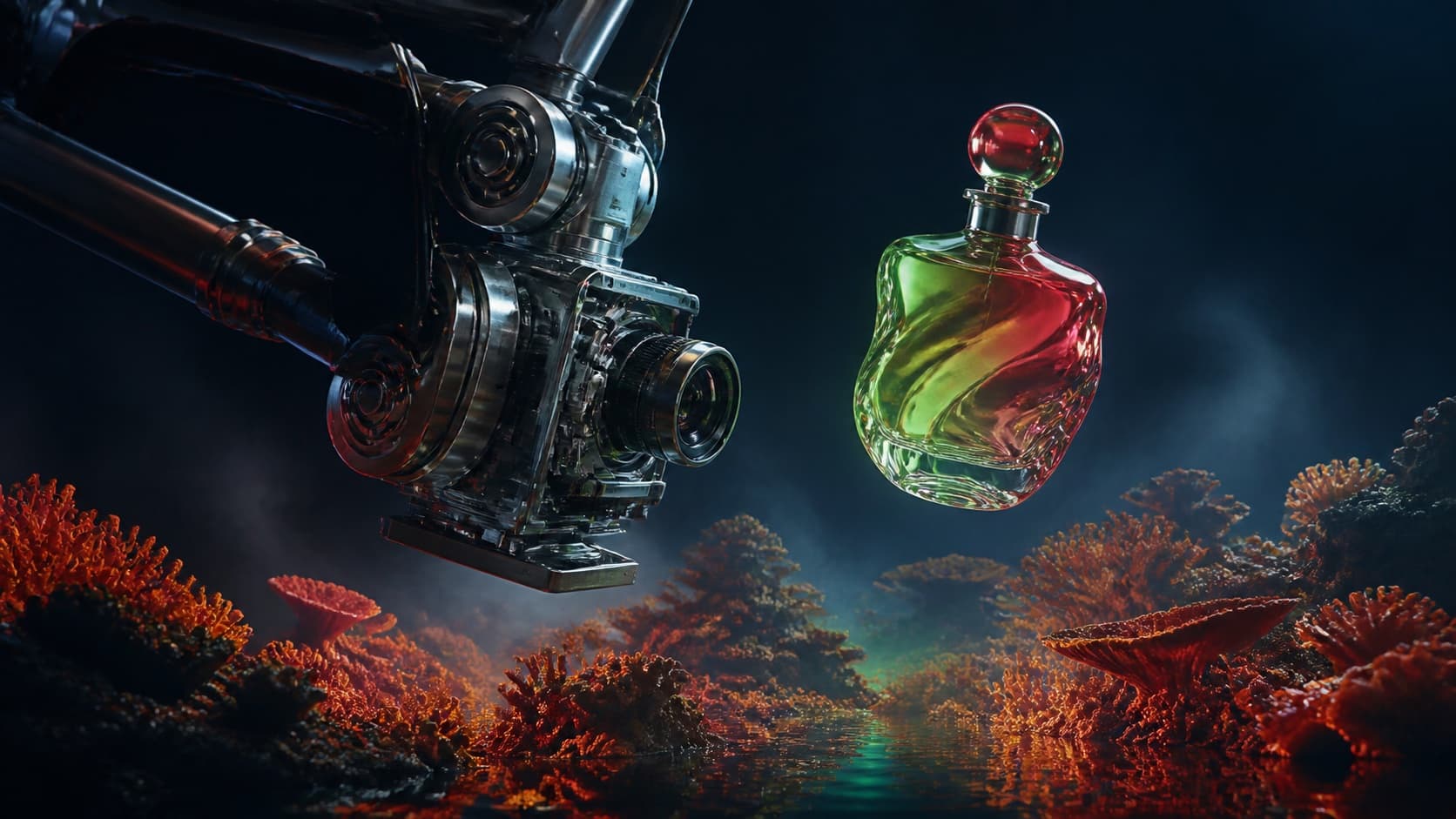 A cinema camera filming a sculptural glass bottle in a surreal coral landscape