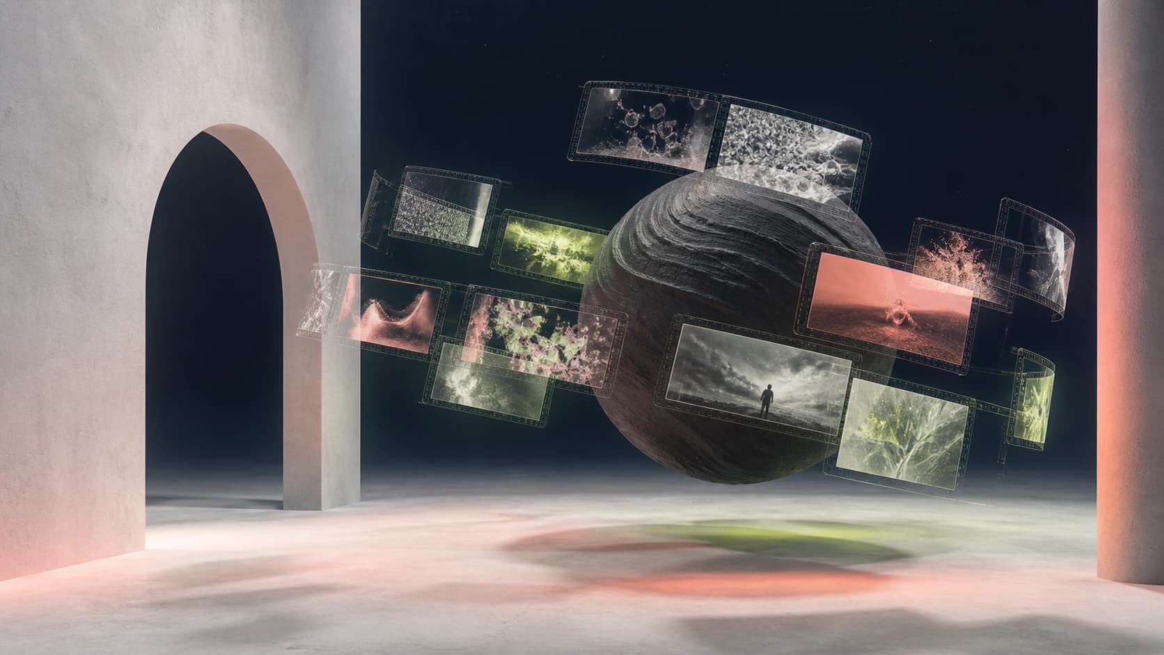 Glowing cinematic frames orbiting a dark sculptural sphere in a gallery