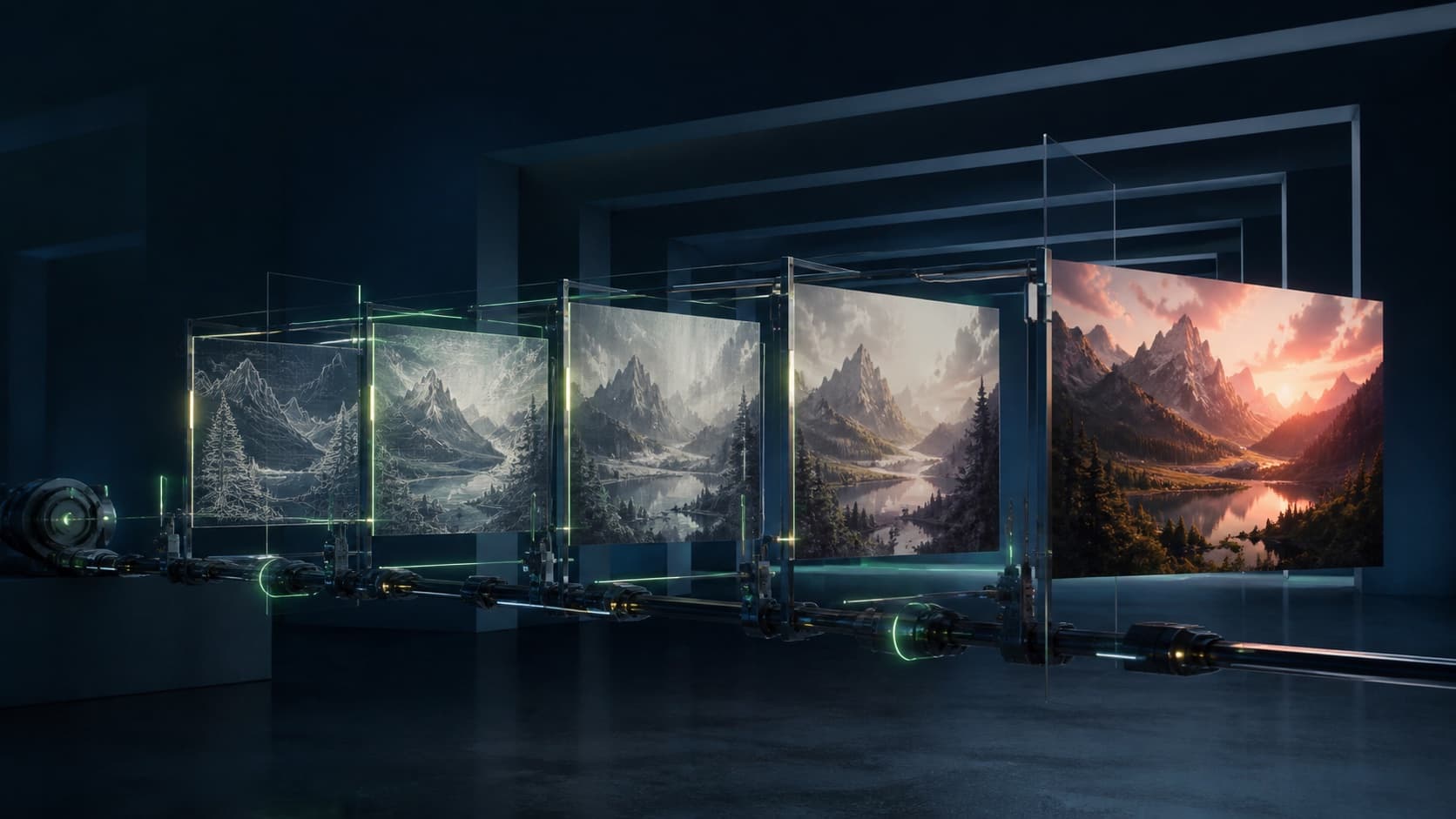 A sequence of transparent film panels evolving from sketches into a finished cinematic landscape