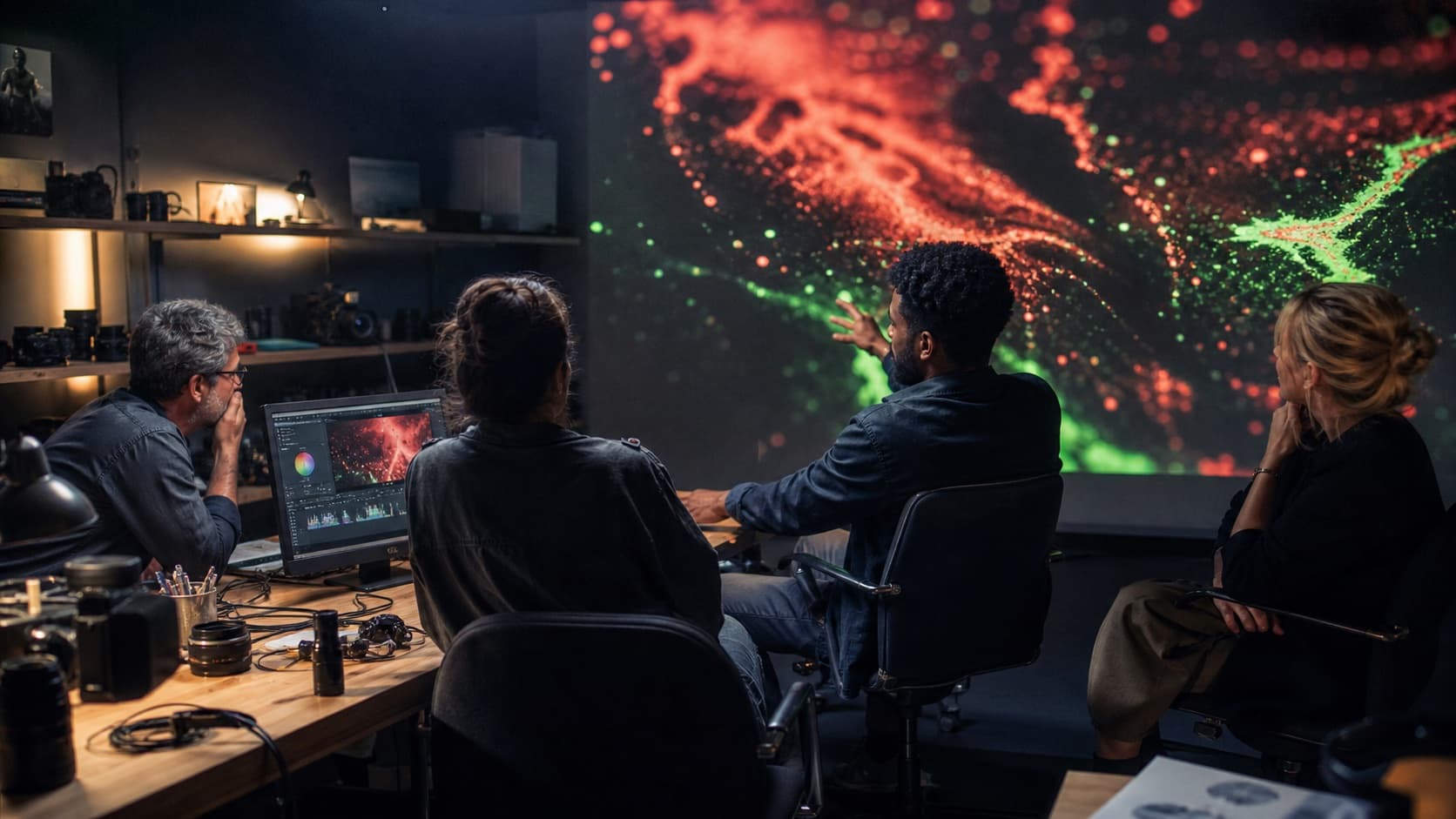 A small creative team directing moving imagery together in a dark film studio