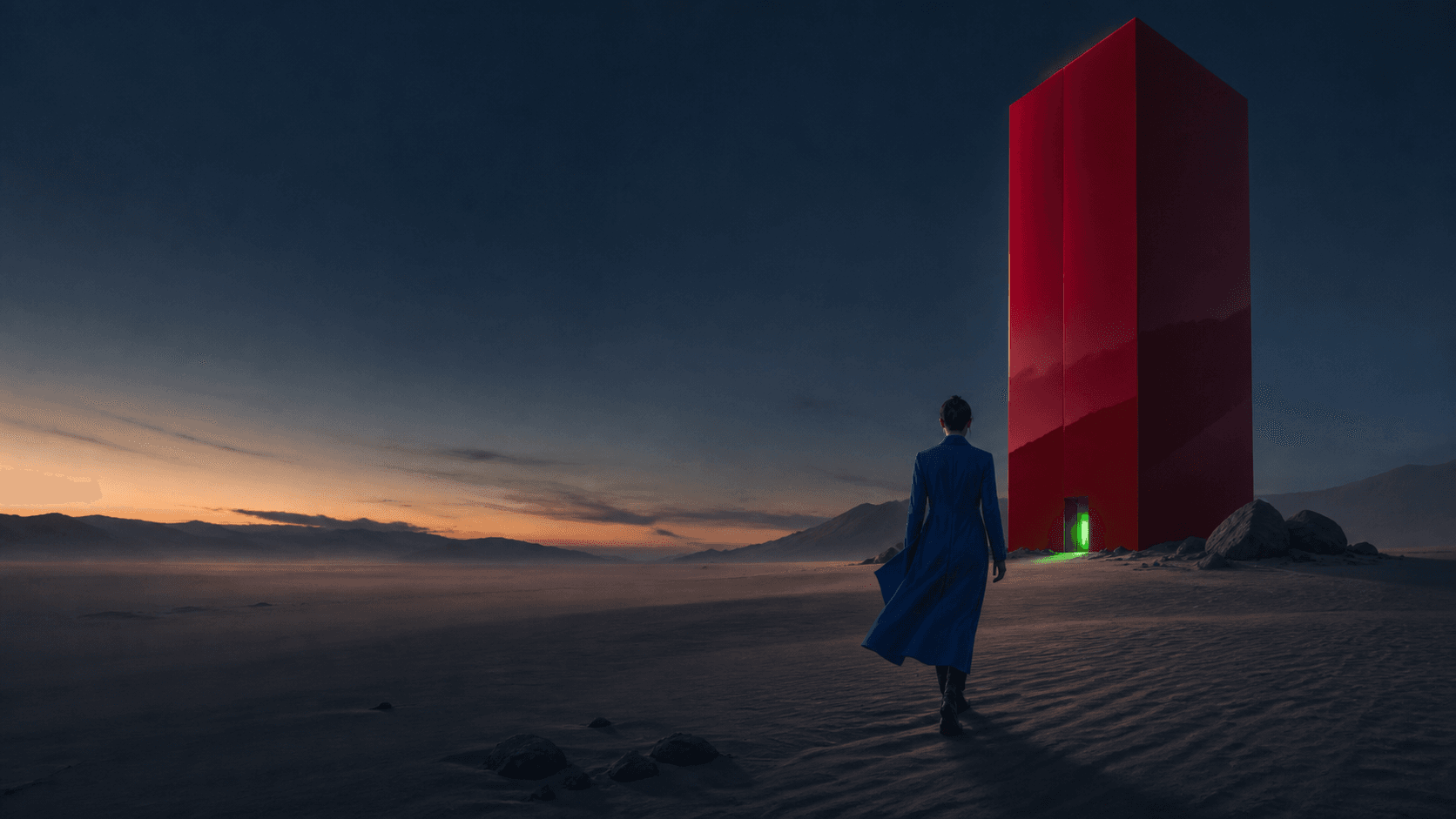 A cinematic figure approaching a red monolith in a desert at dusk